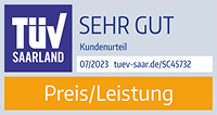 Siegel von TÜV Saarland für Neodigital: Sehr gut laut Kundenurteil in der Preis/Leistung. Ausgestellt im Juli 2023.