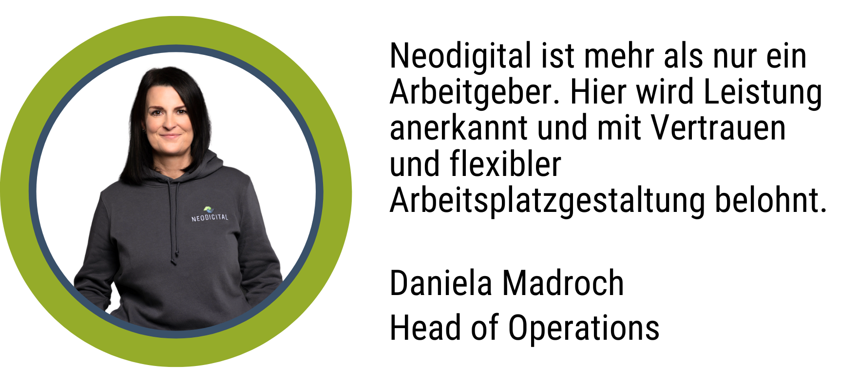 Zitat Daniela Madroch, Team Leader Operations: Neodigital ist mehr als nur ein Arbeitgeber. Hier wird Leistung anerkannt und mit Vertrauen und flexibler Arbeitsplatzgestaltung belohnt.