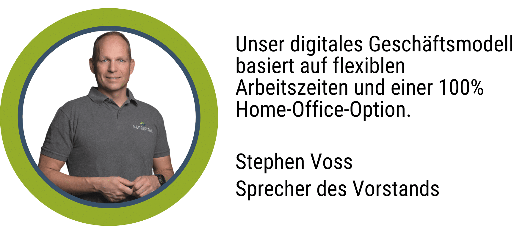 Zitat Stephen Voss, Vorstand Vertrieb & Marketing: Unser digitales Geschäftsmodell basiert auf flexiblen Arbeitszeiten und einer 100 % Home-Office-Option.