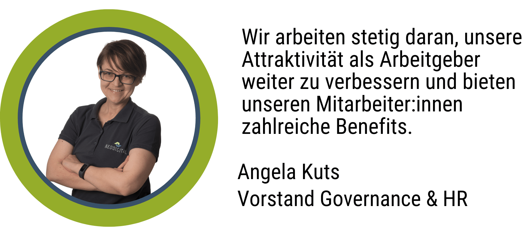 Zitat Anzhela Kuts, Chief of Staff: Wir arbeiten stetig daran, unsere Attraktivität als Arbeitgeber weiter zu verbessern und bieten unseren Mitarbeiter:innen zahlreiche Benefits.